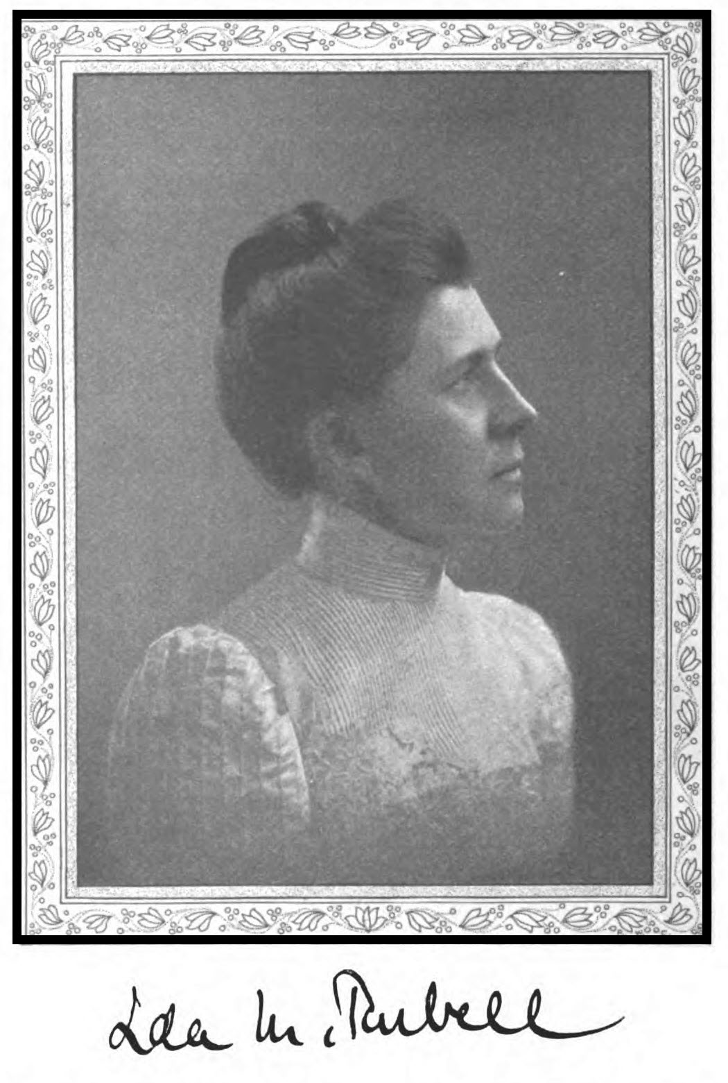 Portrait of Ida M. Tarbell with signature.