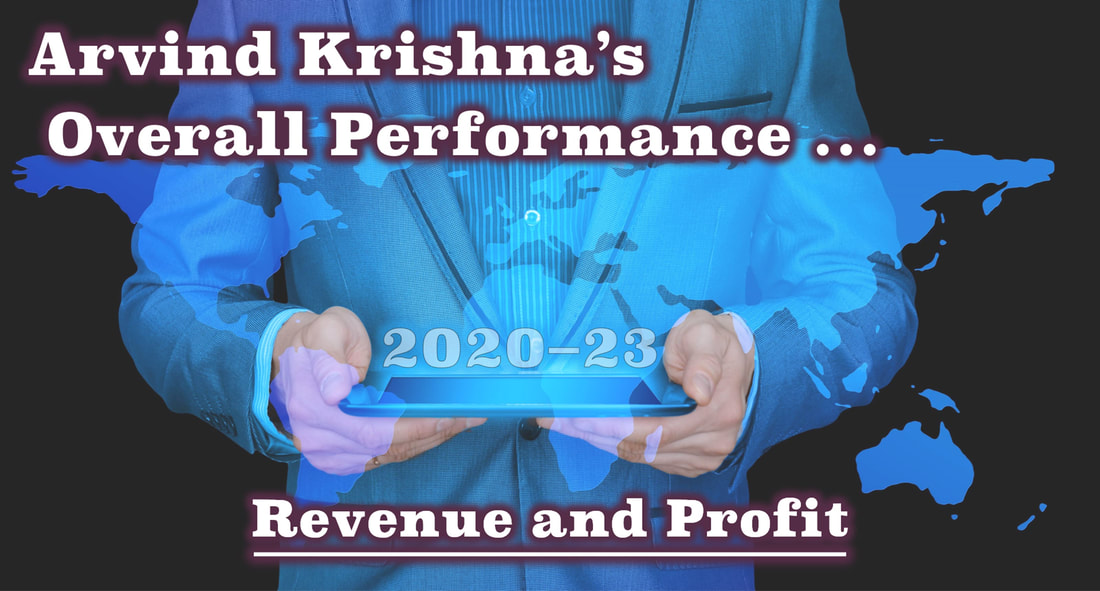 A high-quality, color slide with the tagline: Arvind Krishna's Overall Performance from 2020 to 2023: Revenue and Profit.