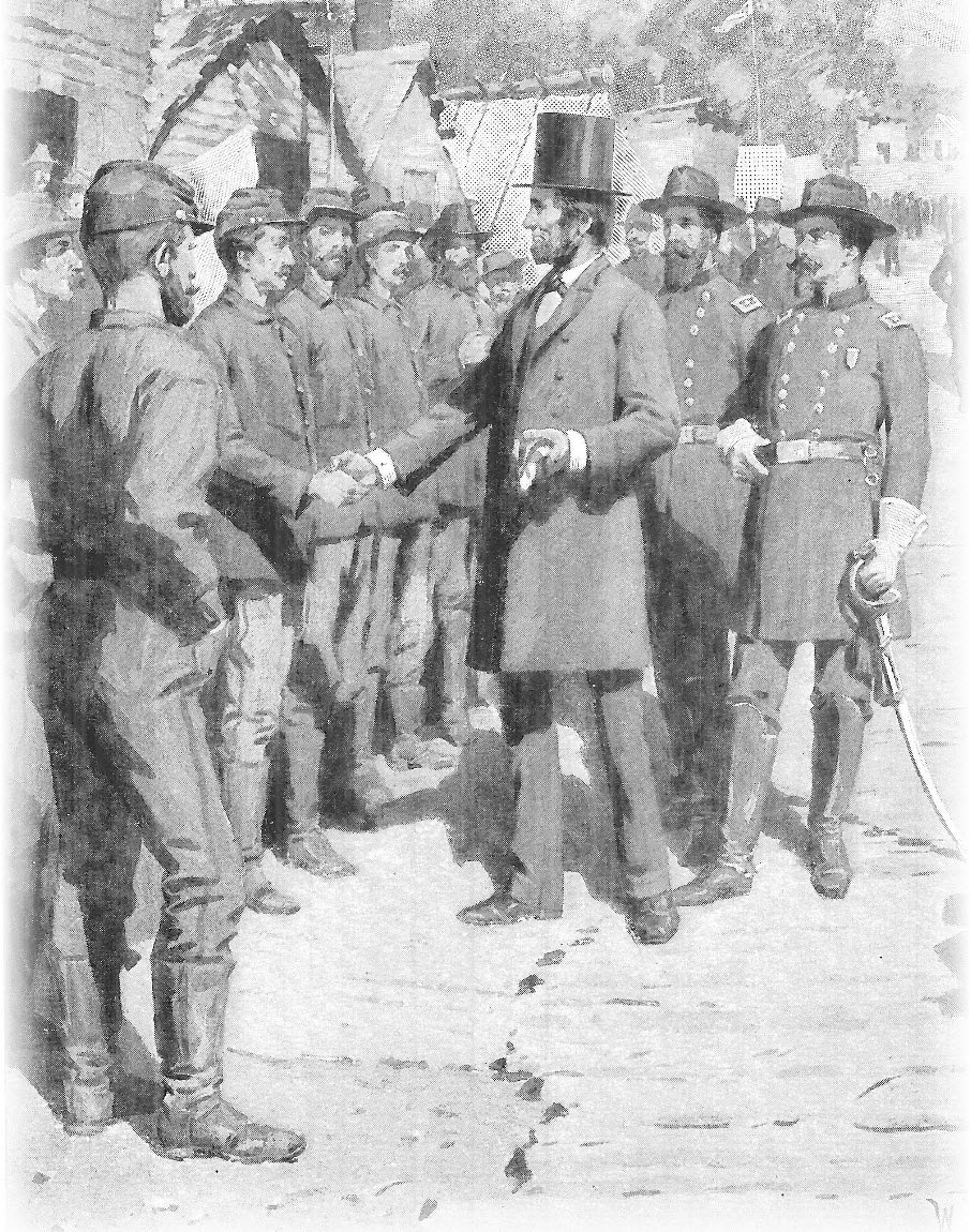 A high-quality image of President Abraham Lincoln shaking the hand of one of his troops in the field during the Civil War.