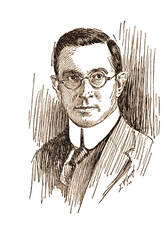 A high-quality, black-and-white, sketch of B. C. Forbes from 