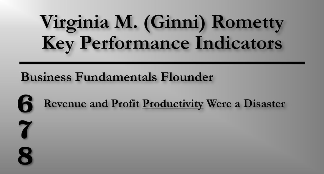 Slide showing Virginia M. (Ginni) Rometty's sixth key performance (KPI) metric: Revenue and Profit Productivity Were a Disaster.