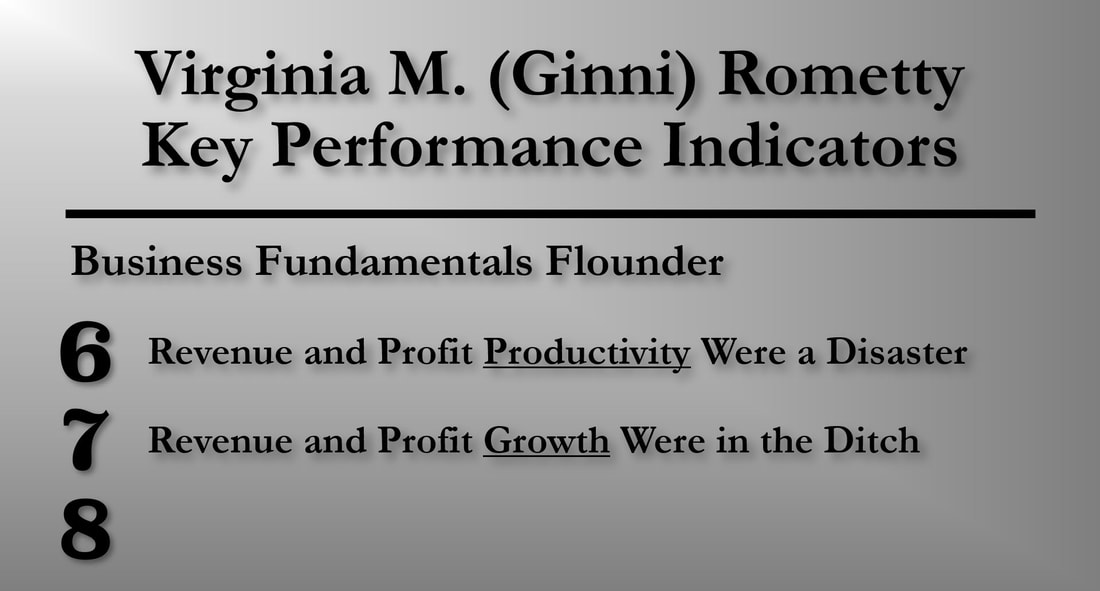 Slide showing Virginia M. (Ginni) Rometty's seventh key performance (KPI) metric: Revenue and Profit Growth Were in the Ditch.